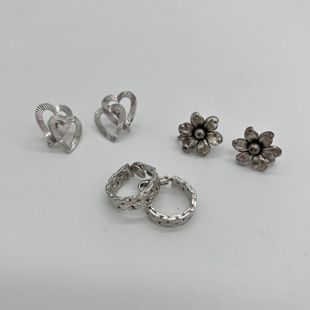 Sterling Silver Clip On Earrings Lot Heart Hoops Flower Vintage HSB Harry S Bick